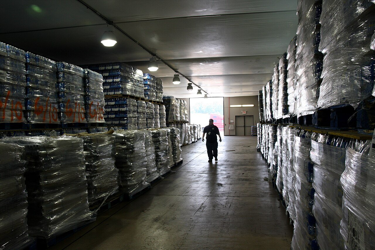 Palletised goods stacked for wholesale distribution